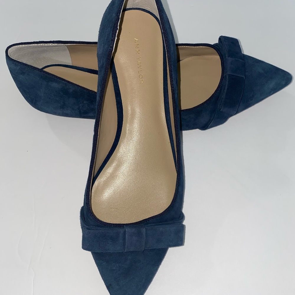 Ann Taylor Blue Pointed-Toe Flats with Bow Detail